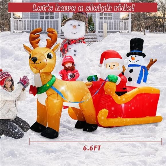 6.6FT Long Santa Claus & Snowman on Sleigh with Reindeer Inflatable Decoration - Picture 1 of 6